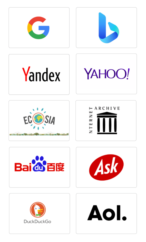Image displays logos of the most popular search engines including (starting from top left to bottom right): Google, Bing, Yandex, Yahoo, Ecosia, Internet Archive, Bai.du, Ask, DuckDuckGo, and AOL