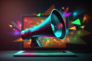 Audio Marketing Concept; Laptop with megaphone, background with colorful neon lights, sales and marketing concept. Generative AI